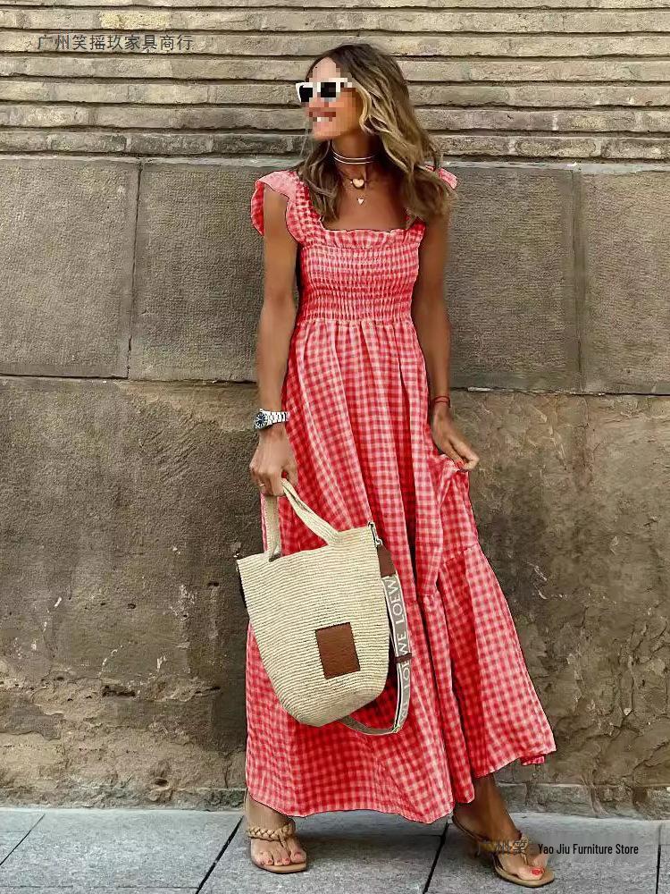 European American Women's Retro Plaid Sleeveless Maxi Dress with Thin Straps & Ruffles