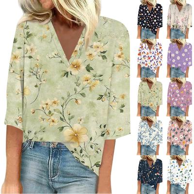 Women's Shirt Blouse Casual Loose Shirts 3/4 Sleeve Print V Neck Tops Print Tops T-shirts Tee