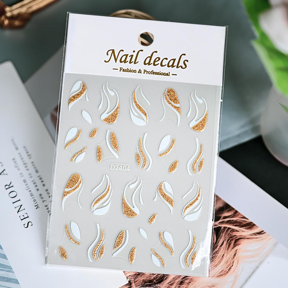 1pcs Gold Glitter French Design Nail Stickers White Silver Curve Lines Stripe Wave Nail Decals Slider Reflective Manicure Wraps
