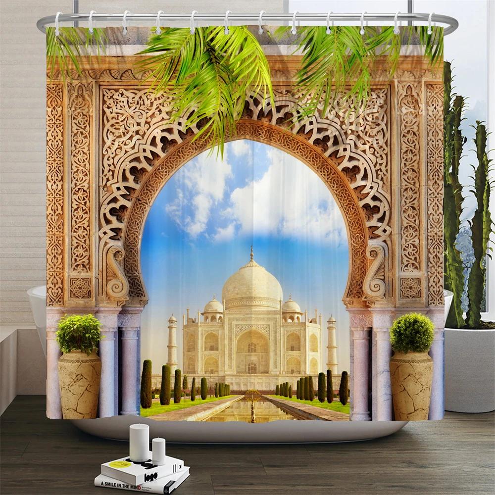 3D Moroccan Style Shower Curtain European Architectural Landscape Printed Waterproof Polyester Bathroom Curtain Decor With Hooks