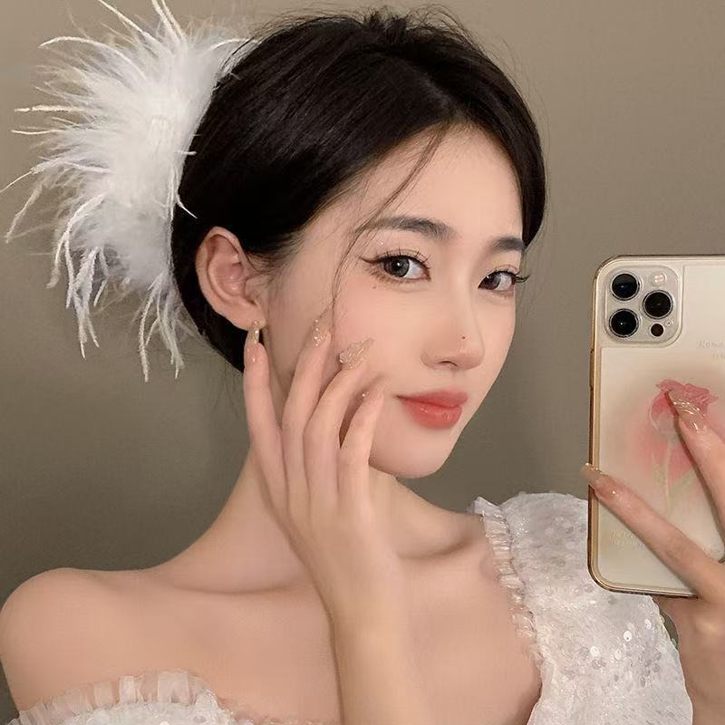 Design Sense Mesh Feather Grab Clip Versatile Temperament Feather Duster Hair Accessories Disc Hair Clip Headgear Popular Hair Accessories