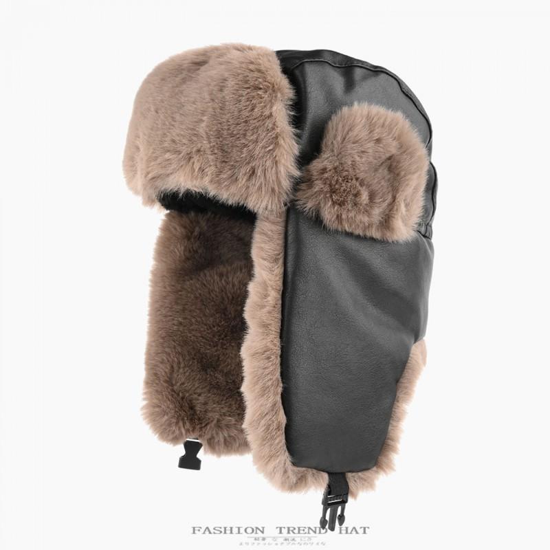 Winter Fleece-Lined Leather Trapper Hat Men Women Warm Ear Protection Cap Outdoor Cycling Skiing Cold Weather