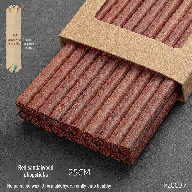 Red Sandalwood Chopsticks - Set of 10 Solid Wood, No Paint/Wax, Antibacterial, Anti-mildew, Engraved Logo, Ideal for Home Use