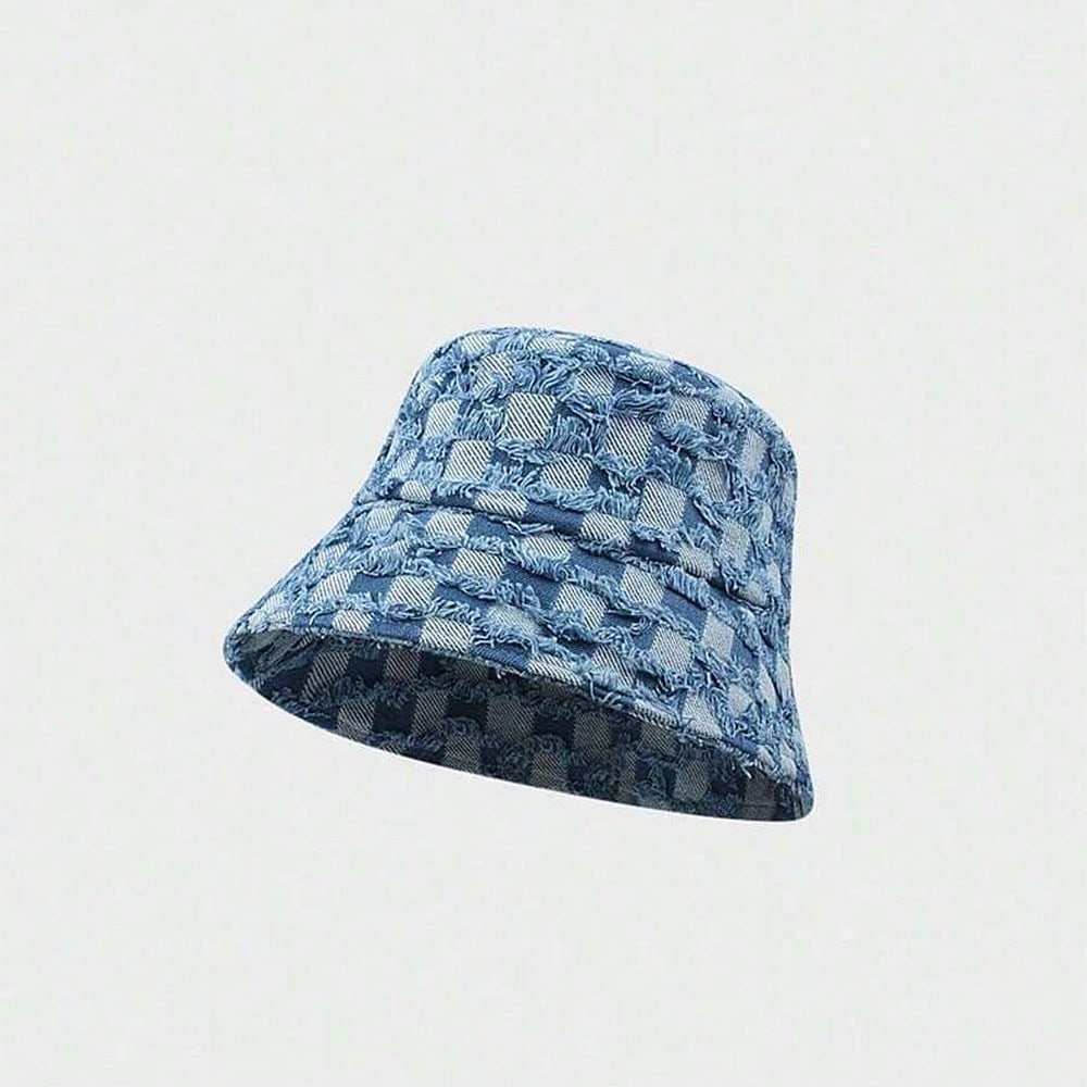 

New Checkered Denim Hat 1pc Outdoor Sports Cap, Fashionable Personalized Bucket Hat For Daily Wear Street светло-синий