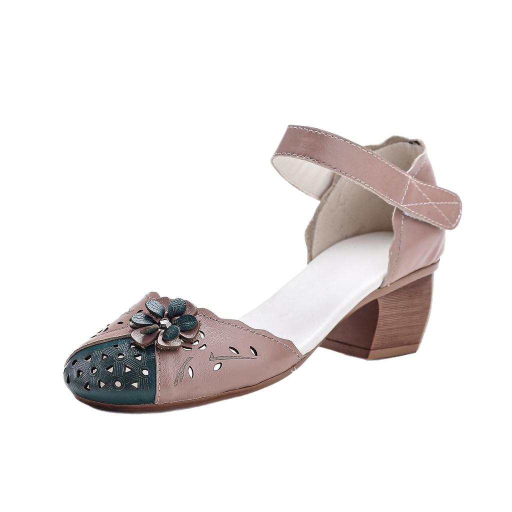 2025 Summer Genuine Leather Shoes Gladiator Sandals Women 4cm High Heels Classic Black Round Toe Hollow Ladies Sandals