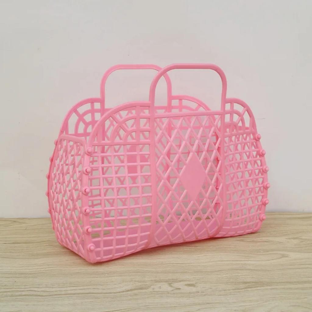 Collapsible Plastic Storage Basket Bag, Open Travel Cosmetic Organizer with Dual Handles Design, Hand Wash Beach Bag