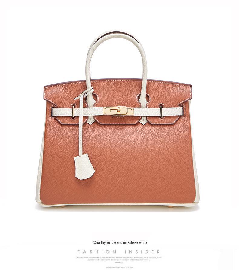 Color Block Genuine Leather Platinum Bag: Large Capacity Togo Cowhide Handbag with Lock - Fashion Shoulder Crossbody