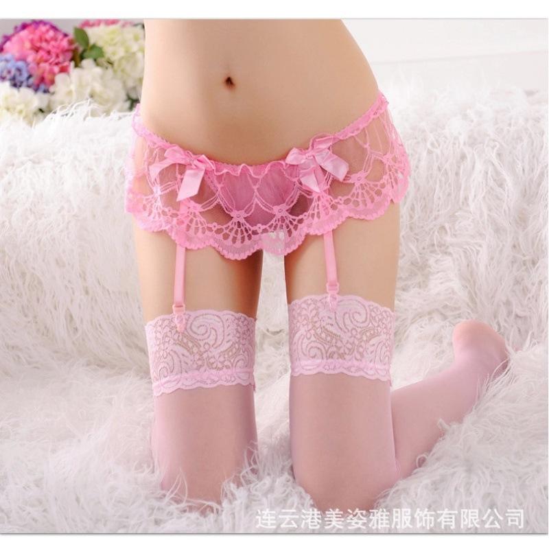 Sexy black silk suspender socks integrated lace open crotch panties flirting over the knee white stockings pure lust seduction socks women