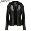 BITCED Plus Size Fleece-Lined Women's Leather Jacket with Hood Autumn/Winter Short Coat Warm Casual Jacket