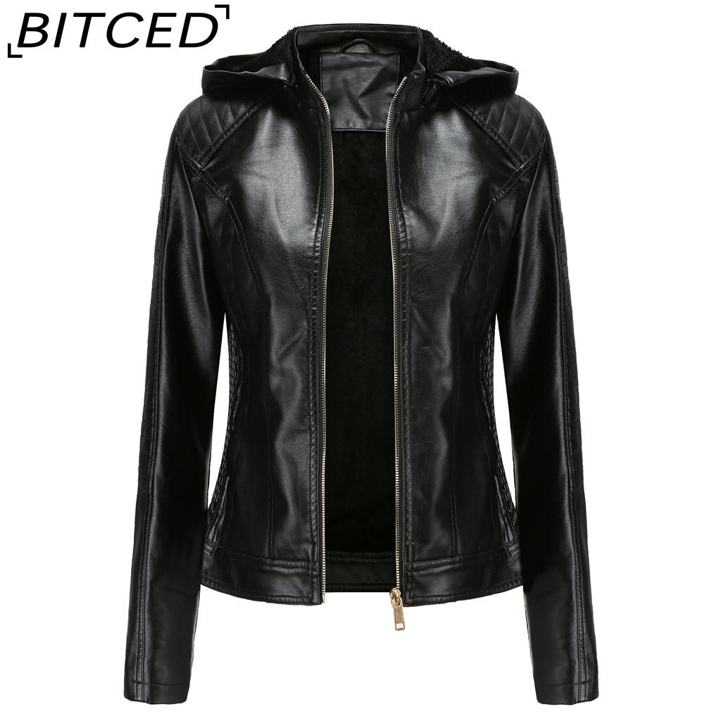 BITCED Plus Size Fleece-Lined Women's Leather Jacket with Hood Autumn/Winter Short Coat Warm Casual Jacket