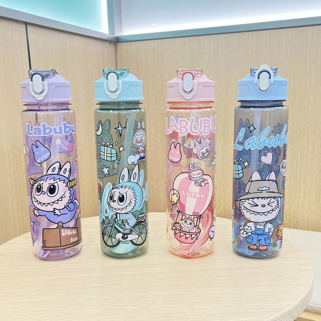 Cartoon Travel Water Cup Portable Lifting Rope Printed Transparent Plastic Cup High Value Cute Straw Cup