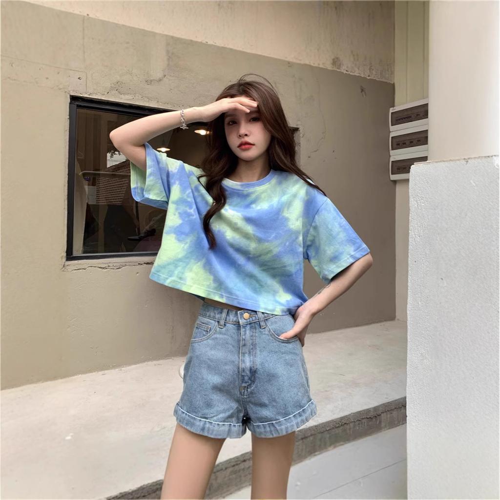 Korean tie-dye round neck short-sleeved T-shirt women's summer new loose casual fashion niche short top tide