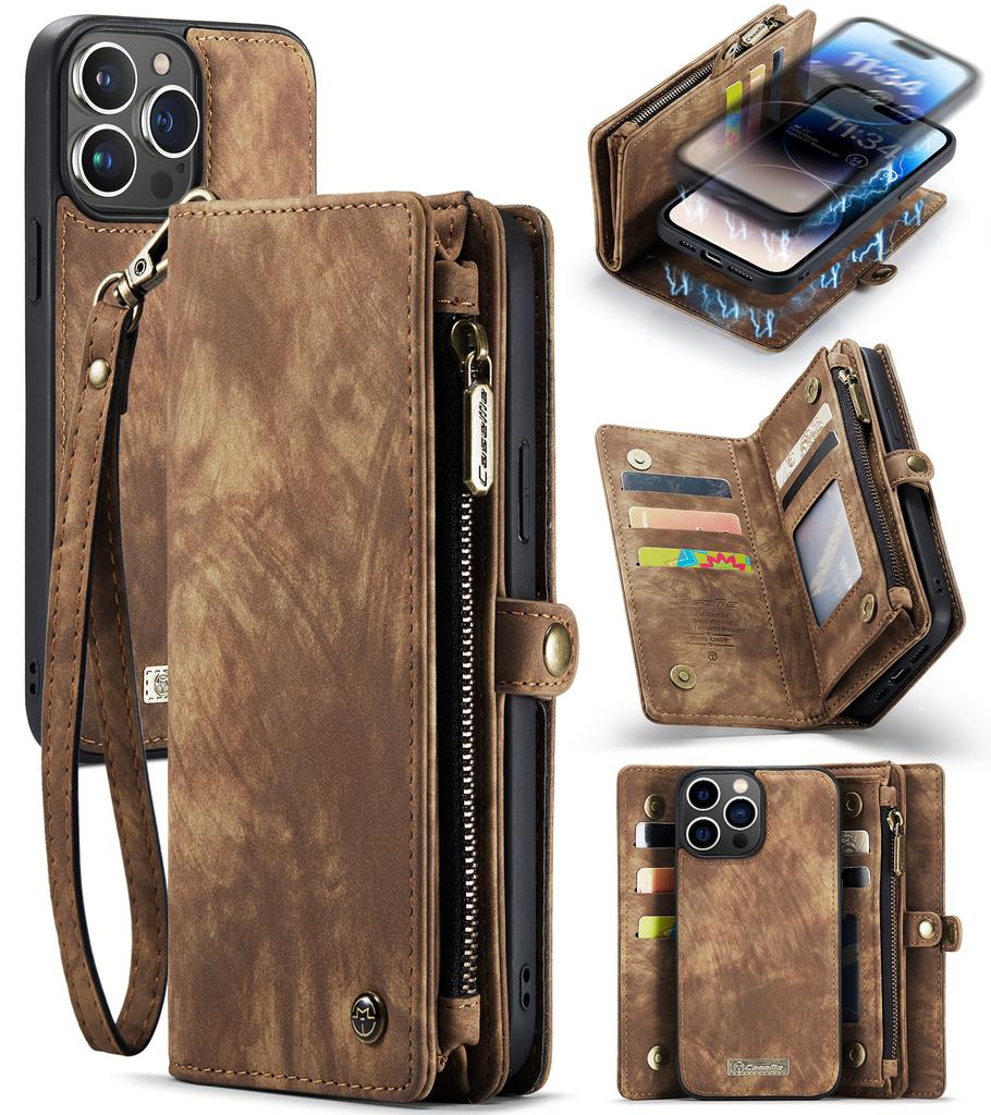 For iPhone 14 Pro Max Wallet Case with Strap Zipper Wallet Card Slots & Detachable Magnetic PU Leather Case Wallet for Women/Men