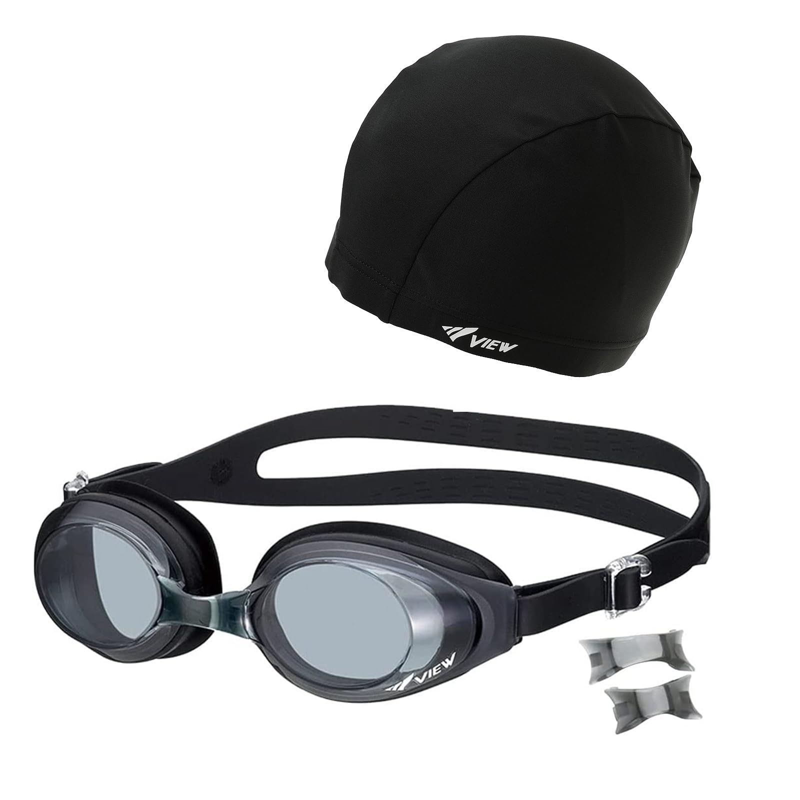 

VIEW Swimming Goggle Made in Japan and Nose Black Set, [3-Piece Set Goggles, Cap, Strap] чёрный