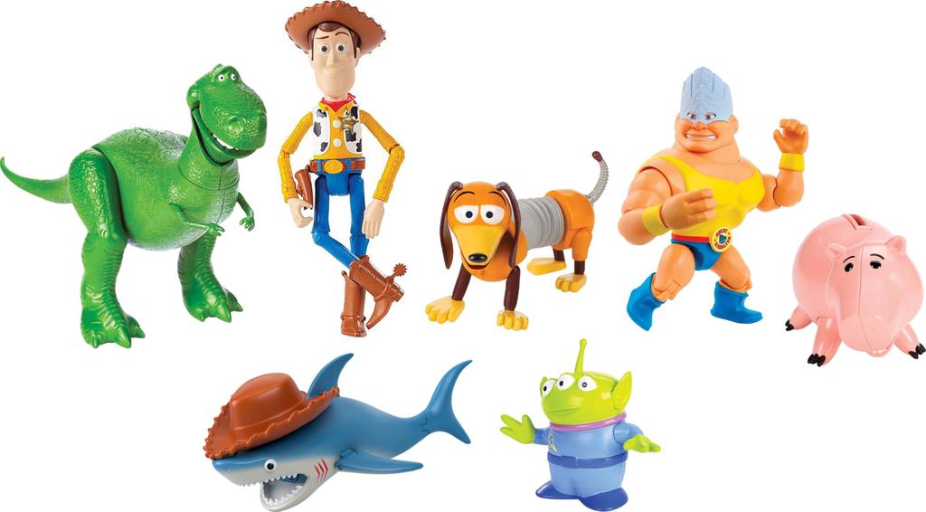 Mattel Disney and Pixar Toy Story 7-Piece Action Figure Set with Woody, Slinky, Rex, Hamm, Alien, Rocky, and Shark - Disney100 Collectibles