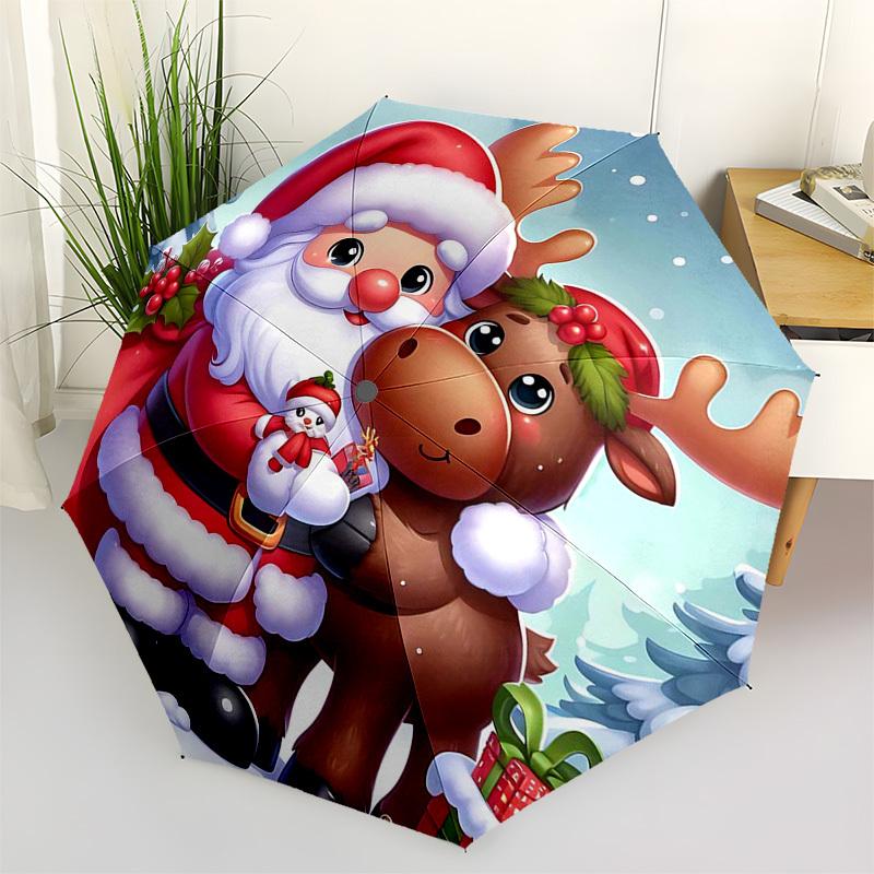 1pc Christmas Santa Claus Reindeer Automatic Opening Folding Umbrella with Holly Berries Design, Portable 3-Fold Outdoor for Fans, Travelers, Daily Us