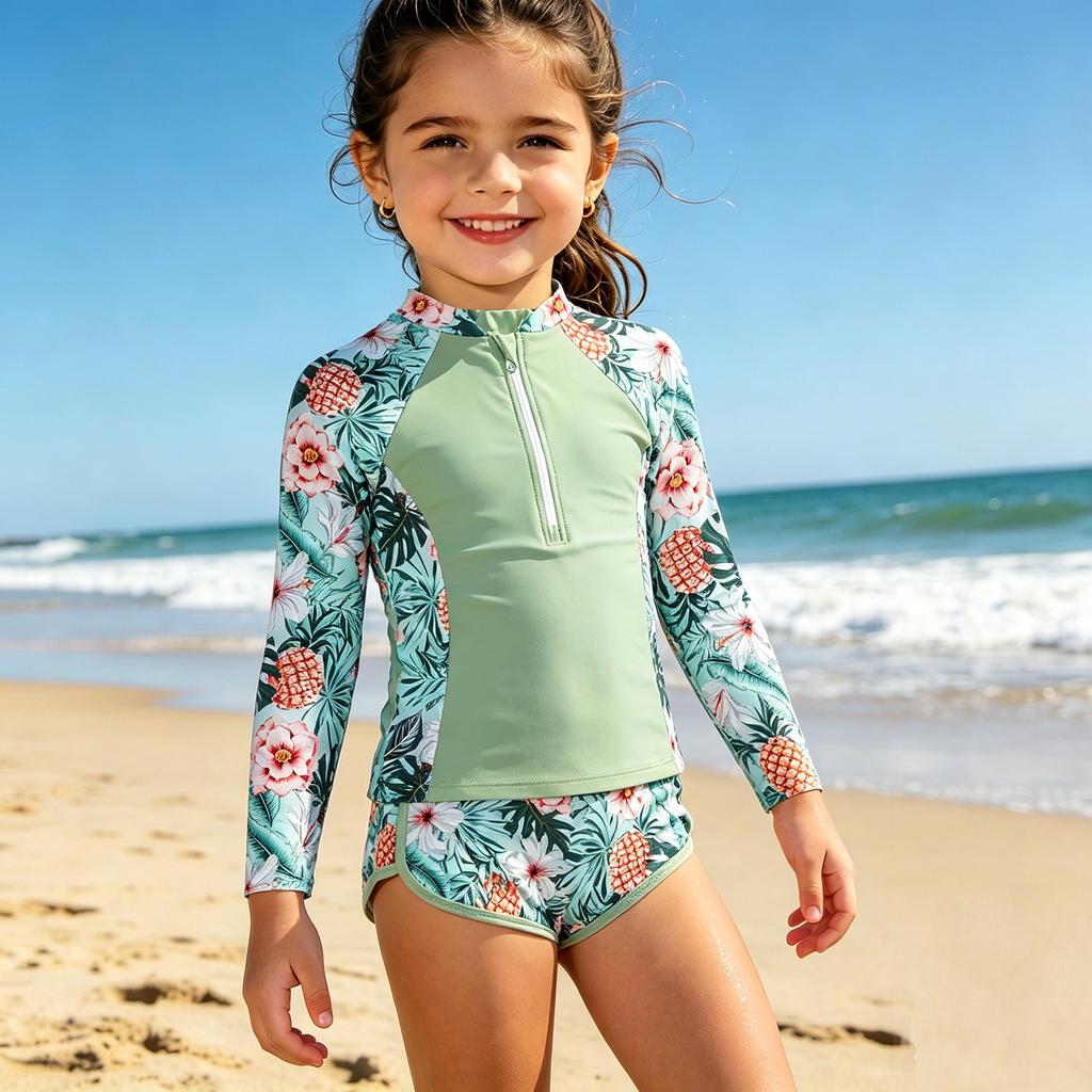 Dívčí Rash Guard Plavky Set Dlouhý Rukáv Zip Vpředu Horní Díl s Tropickým Potiskem a Pasové Plavky Dvoudílné Plavky pro Děti