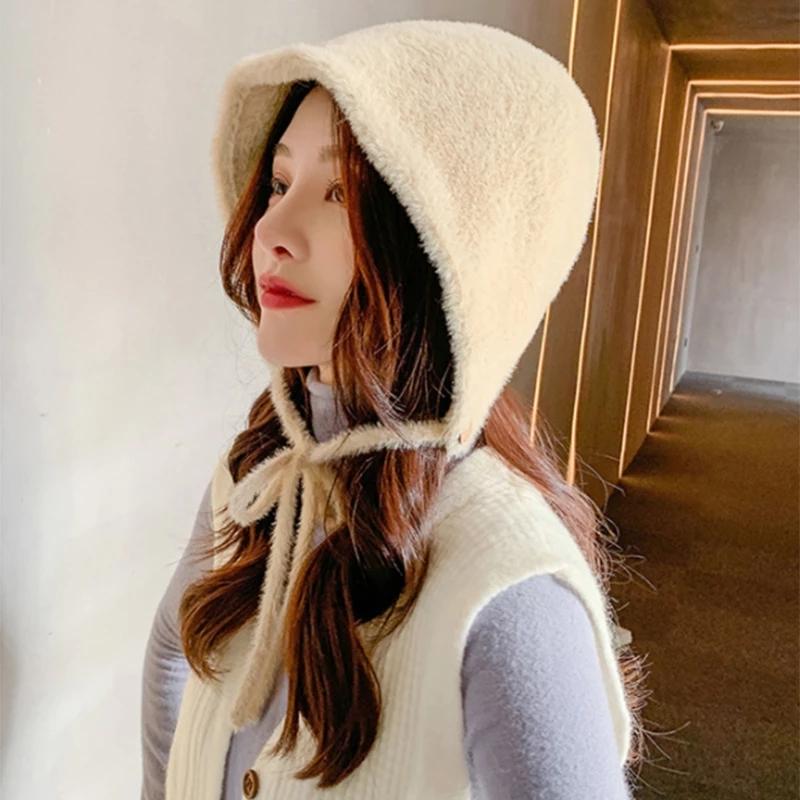 

Женская зимняя шапка, мягкая теплая шапка, мужская однотонная с капюшоном, воротник-ведро, Skullies с завязкой на пуговице Beige