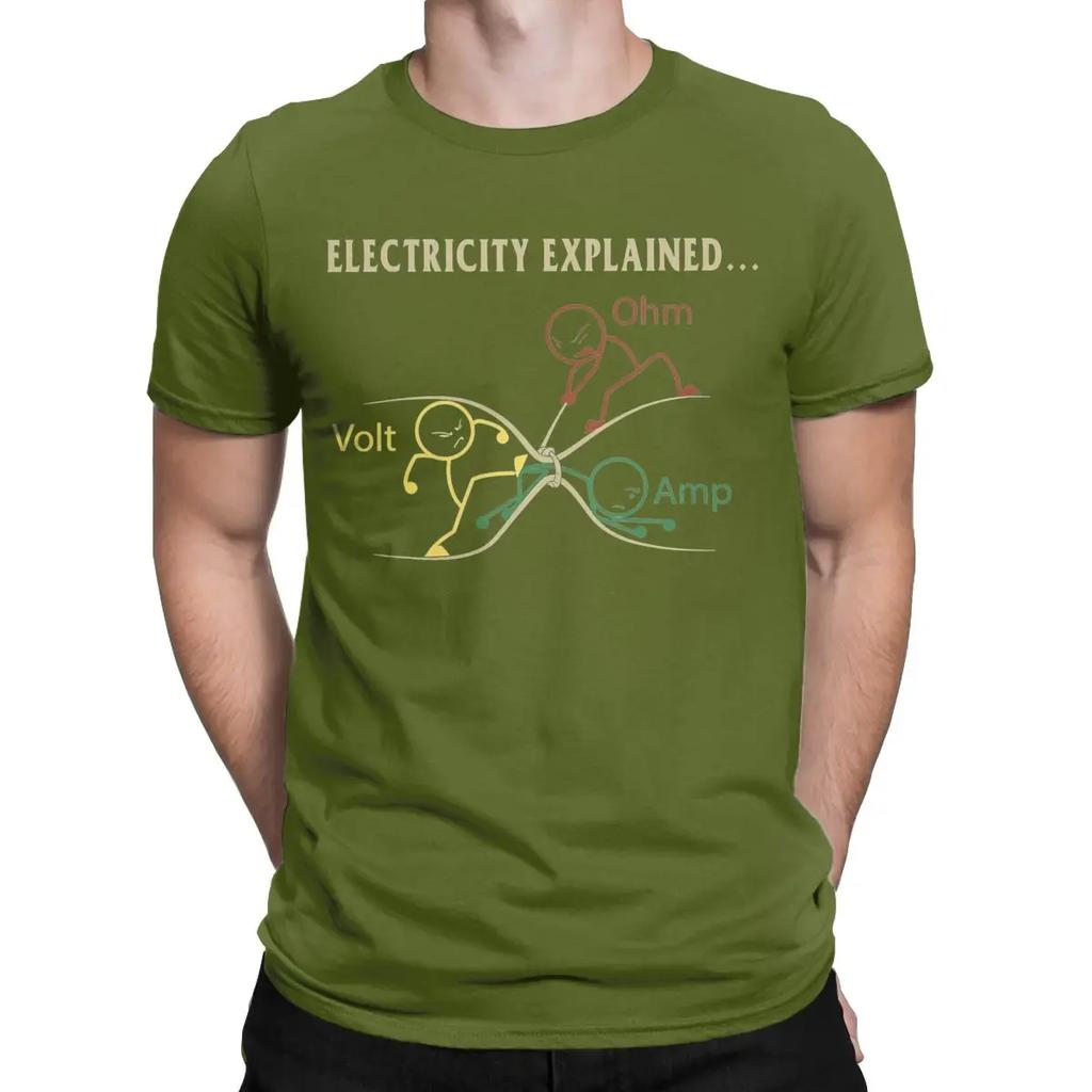 Funny Electricity Explained Physics T-Shirts for Men Volt Ohm Ampere Pure Cotton Tees Crew Neck Short Sleeve T Shirts Clothing