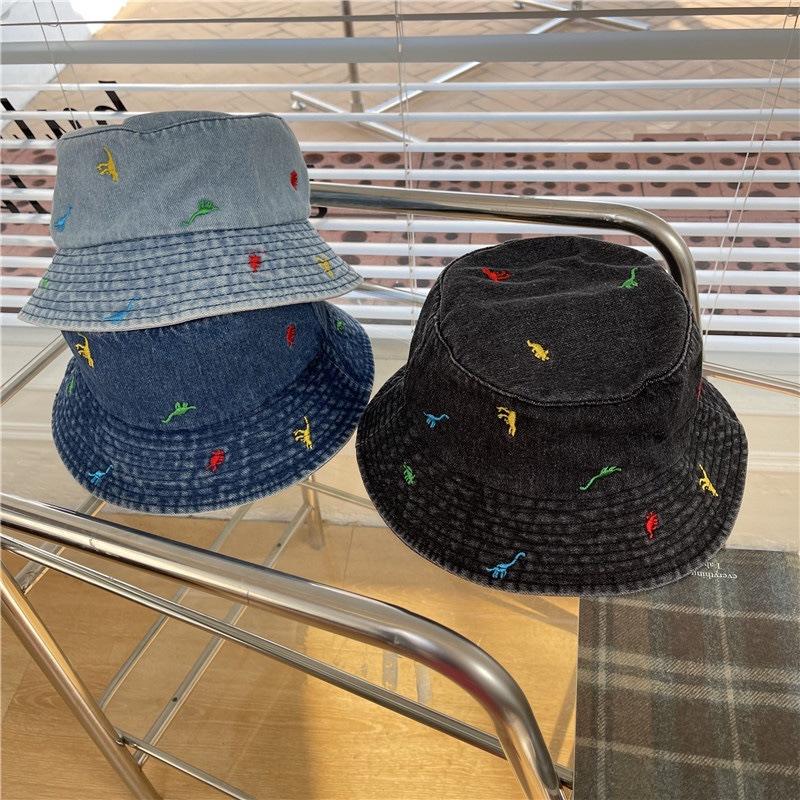 Summer Autumn Denim Bucket Hat For Women Embbroidery Cute Cartoon Dinosaur Cotton Sun Hat Outdoor Best Matched Beach Cap Gift