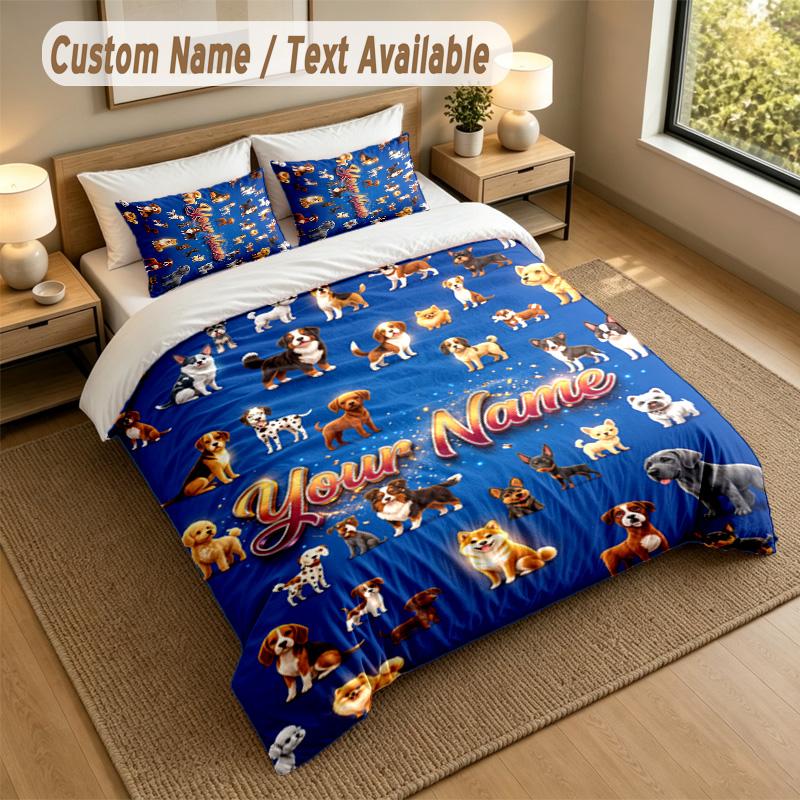 Set Biancheria da Letto Personalizzato a Tema Cane 3 Pezzi Testo e Nome Personalizzati 1 Lenzuolo 2 Federe Biancheria da Letto per la Casa 1pz