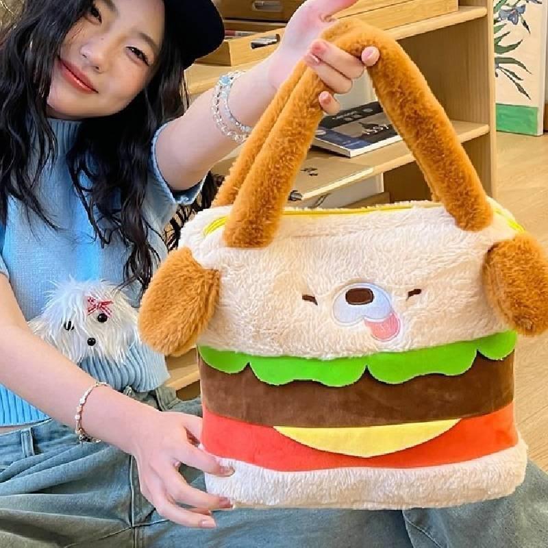 Plush Hamburger Dog Backpack Large Capacity Handbag Cute Kids Birthday Gift