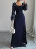 Elegante Abito Maxi Floreale a Rete Patchwork, Scollo Quadrato, Manica Lunga, Vita Alta, per Donna