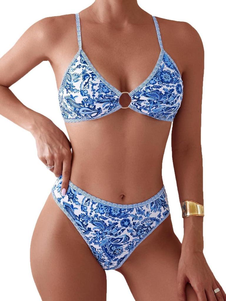 Verspielter Floral 2025O Damen Zweiteiliger Bikini mit Ring-Verknüpftem Dreiecksdesign