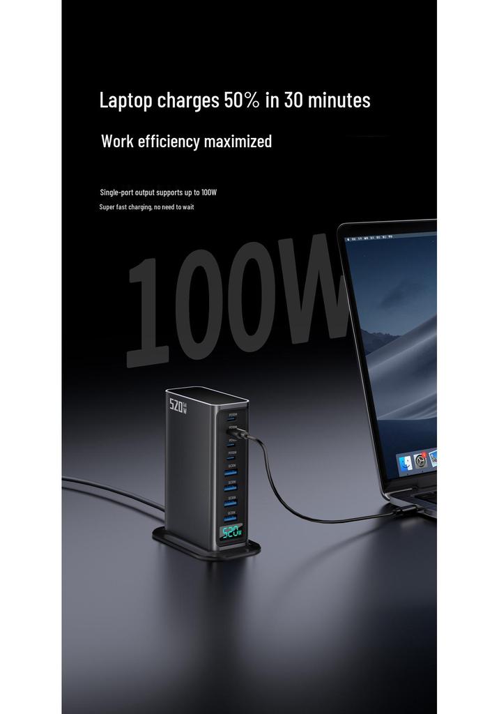 High-End 520W GaN-Ladegerät: Schnelle 8-Port-Desktop-Station mit KI-Digitalanzeige