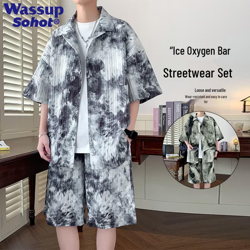 Wassup Sohot Men s Summer Ice Silk Short Sleeve Shirt & Shorts Set L