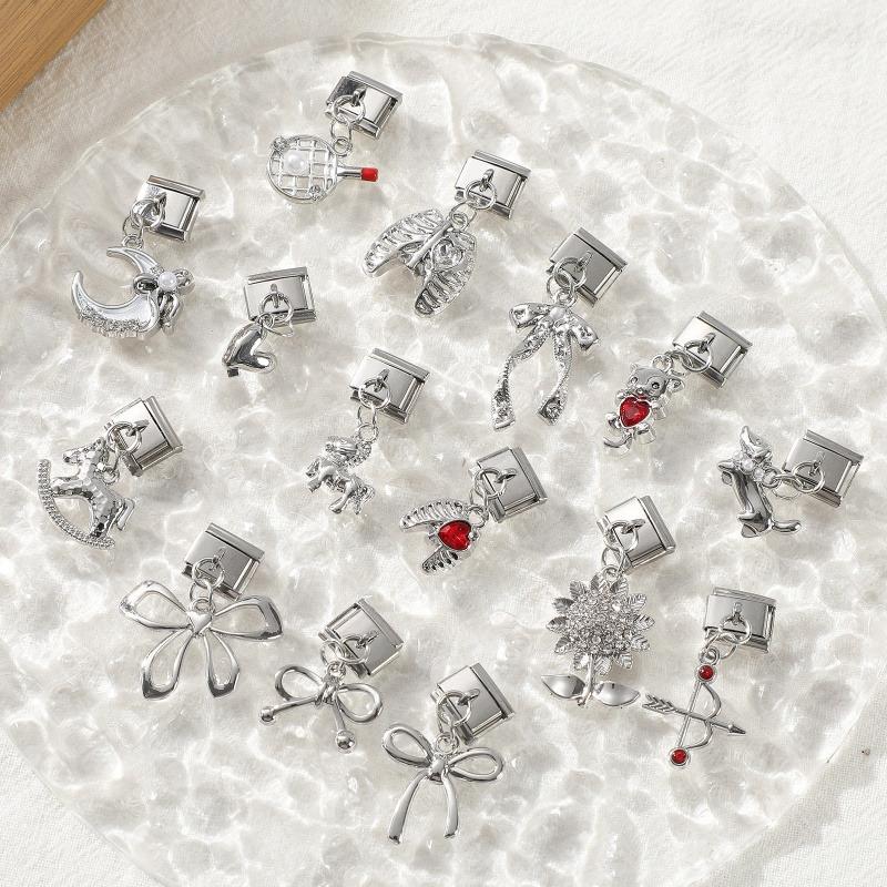 Crystal Moon Butterfly Rose Star Bow Cats Pendant Italian Charm Link Fit 9mm Stainless Steel Bracelet Women Jewelry DIY Making
