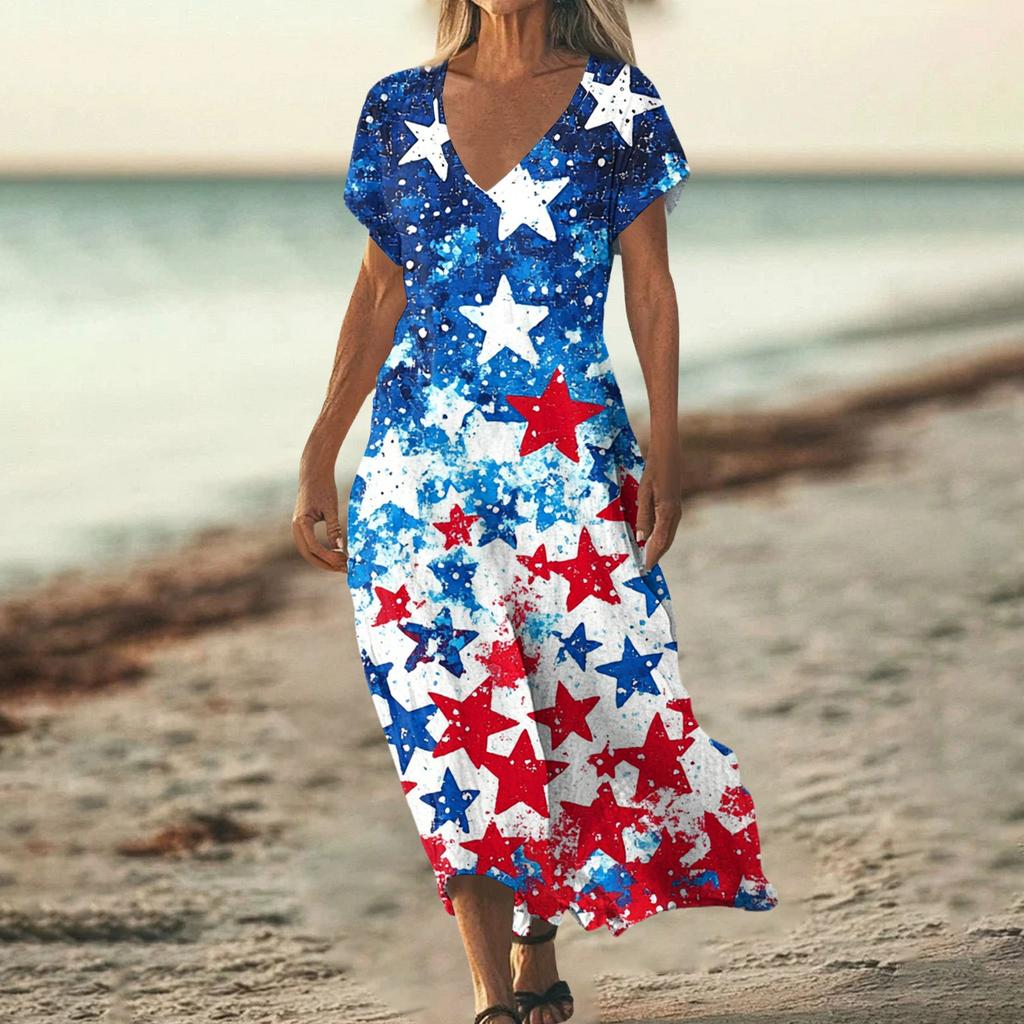 Sommerkleid Damen Lang Strandkleid Elegantes Kleid V-Ausschnitt Kurzarm Sommerkleid Leicht Luftig