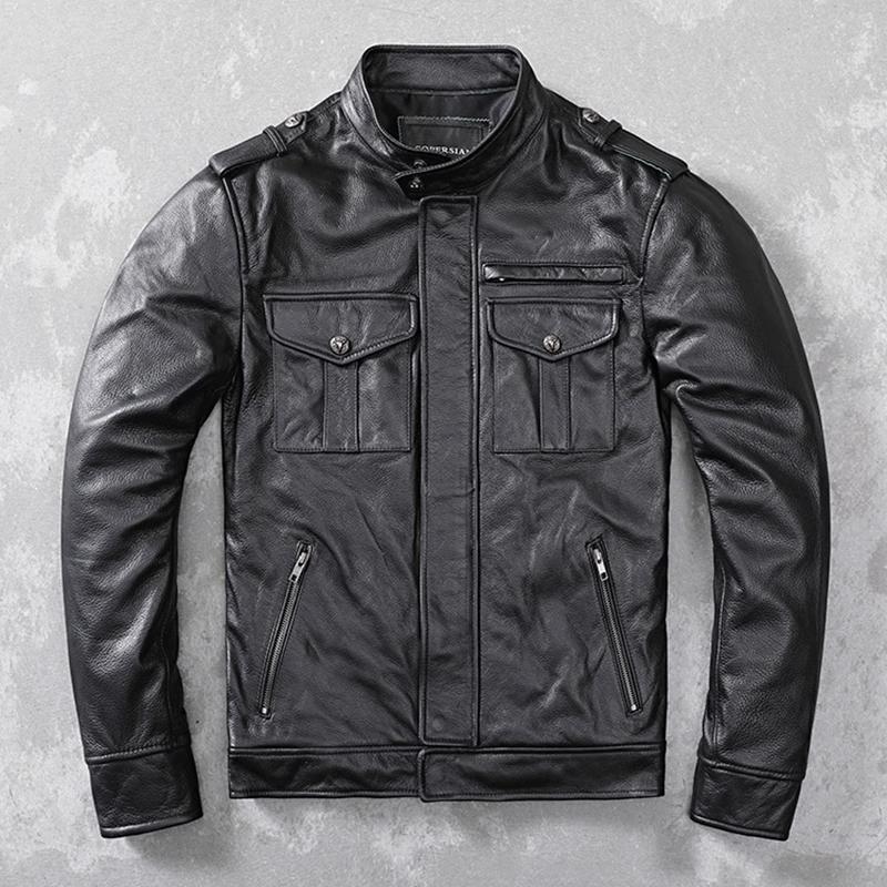 Chinese Size Men Leather Jacket Genuine Cowhide Black Autumn