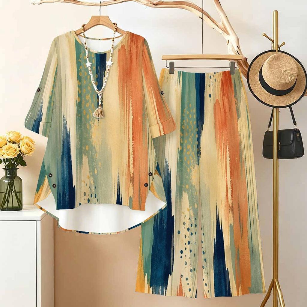Women Plus Size Dark Blue Printed Two Piece Set Round Neck Half Sleeve High Low Top Wide Leg Pants