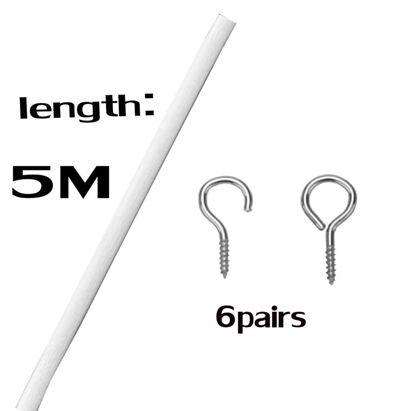 5Meter White Curtain Wire Hanging Cord Kit With 6 Pairs Of Hooks And Eyes For Net Curtain Rods