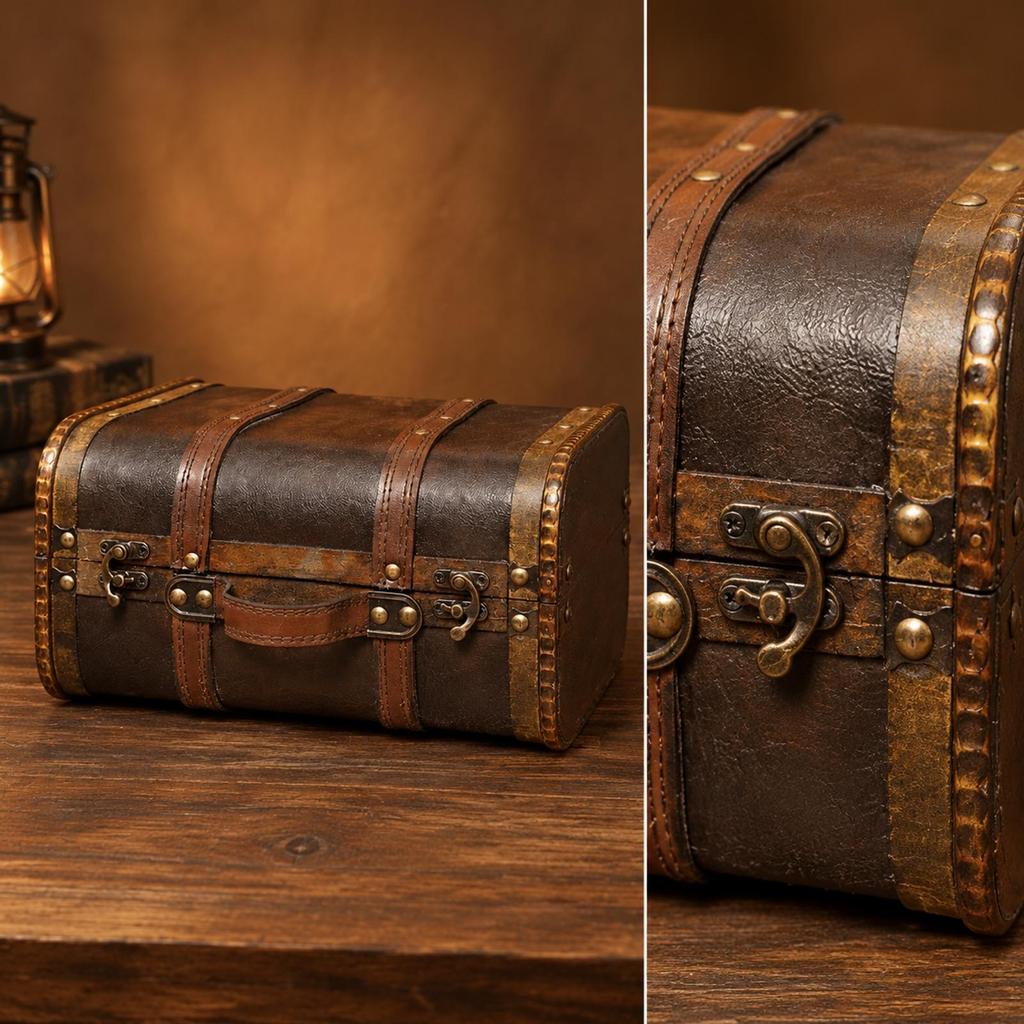 VintageStyle Handheld Storage Trunk AntiqueThemed Wood Frame with Faux Leather