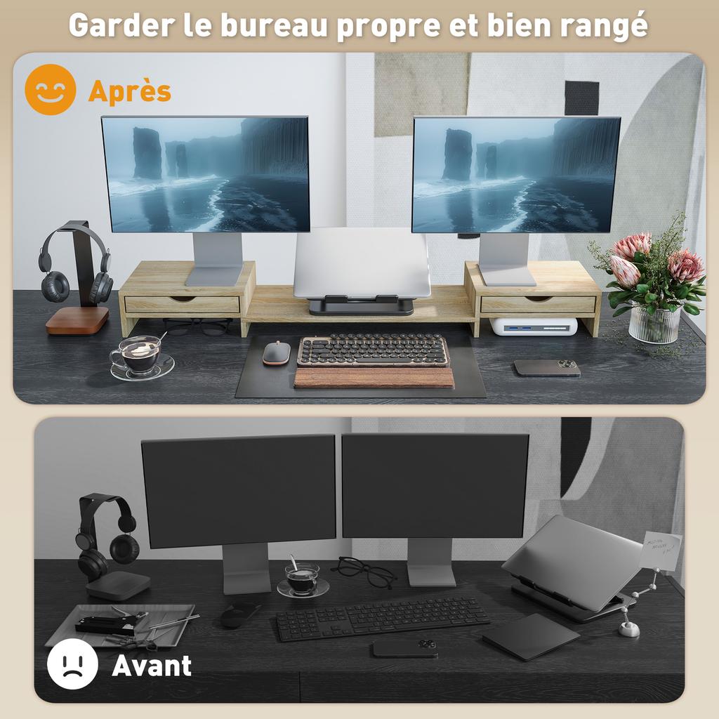 PC Screen Riser Desk Computer Monitor Stand 60-116 Cm with 2 Drawers, Adjustable Length and Angle