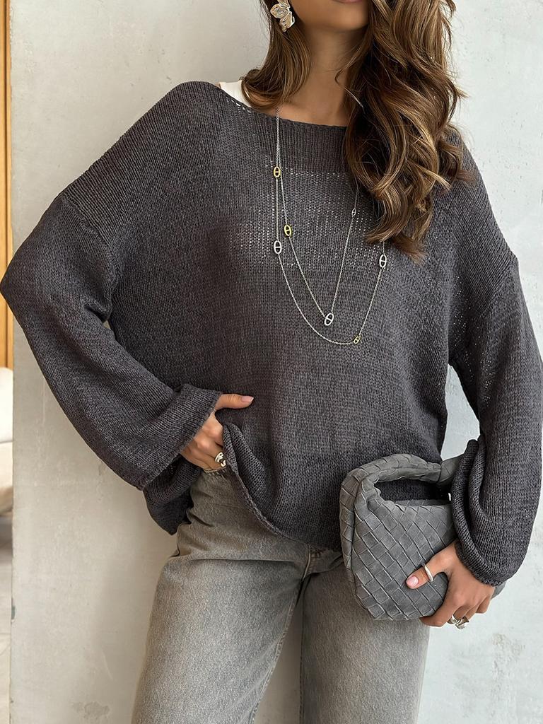 Simple Long Sleeved Cotton Knit Sweater Spring Summer Women Solid Color Elastic Loose Casual Tops