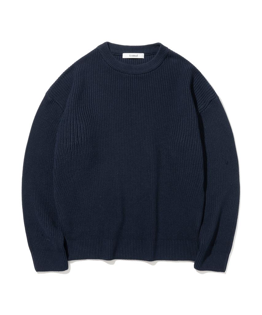 KNITTED Soft Cotton Drop Shoulder Waffle Knit Navy
