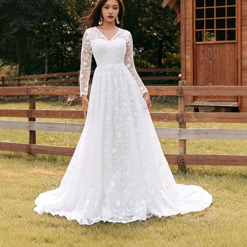 Spring New European and American Style Women's Hollow Deep V Long-sleeved White Lace Pendulum Dress