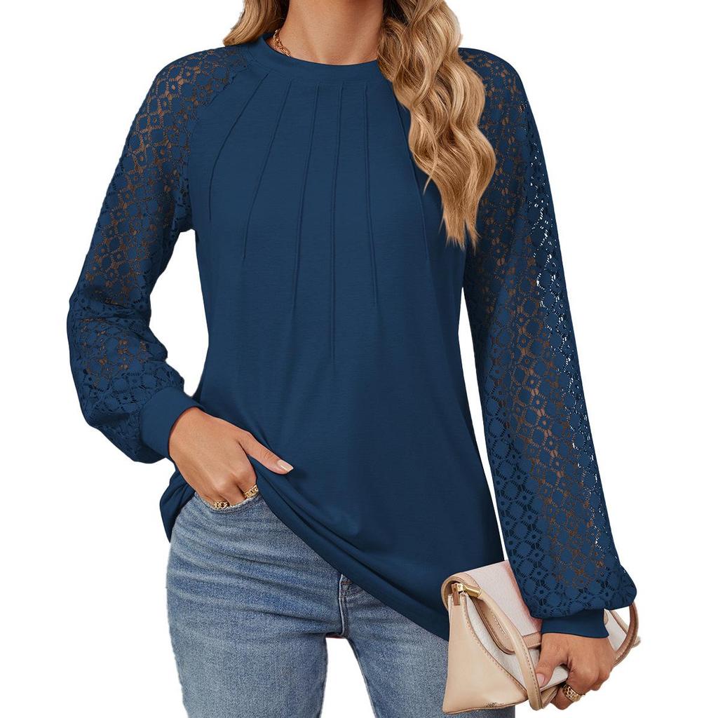 2024 Autumn/Winter Women's Lace Patchwork Round Neck Long Sleeve Loose T-Shirt