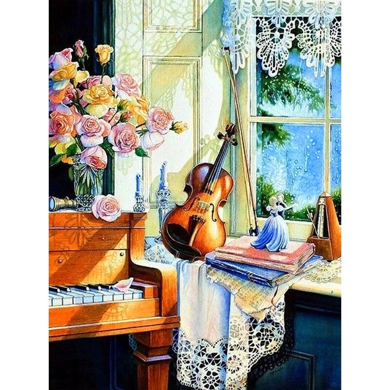 New 5D DIY Diamond Painting Violin Diamond Embroidery Music Cross Stitch Full Round Drill Crafts Home Decor Manual Gift