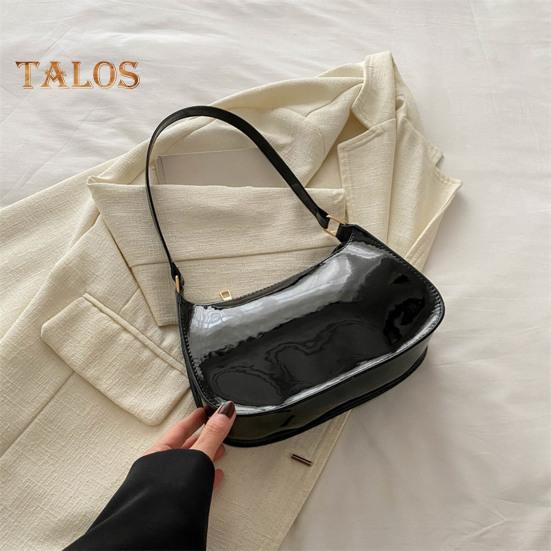 Retro Glossy Shoulder Bag Ladies Solid Color Faux Leather Underarm Bag Casual Hobo Purse Waterproof Handbag for Daily Life Travel Parties
