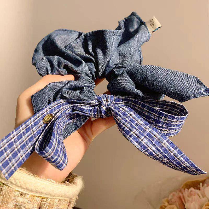 Haargummis mit großer Schleife im koreanischen Blue-Jeans-Stil für Damen, Haargummis mit unregelmäßigem Rand, Y2K-Haarbänder