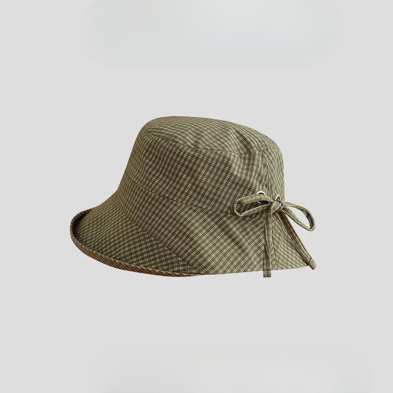 Japanese Fisherman Hat for Women In Summer New Style Small Fresh Plaid Curly Sun Protection Hat Wide Brim Small Basin Hat