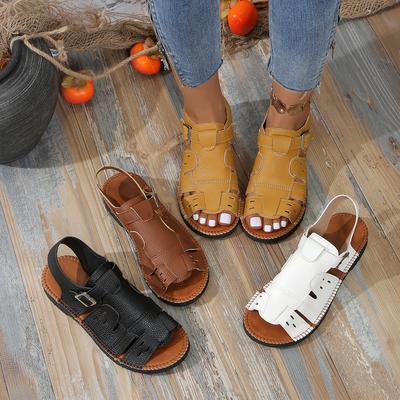 Außenhandel Übergröße neue Gürtelschnalle flache Sohle hohle Sandalen Damen Retro Wind tragen einfarbig Strand coole Hausschuhe Wunsch