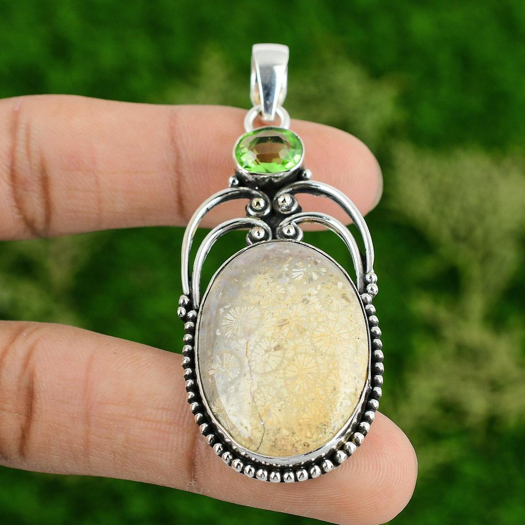 Daughters Day Deal 925 Silver Fossil Coral Stone Peridot Handmade Trendy Pendant