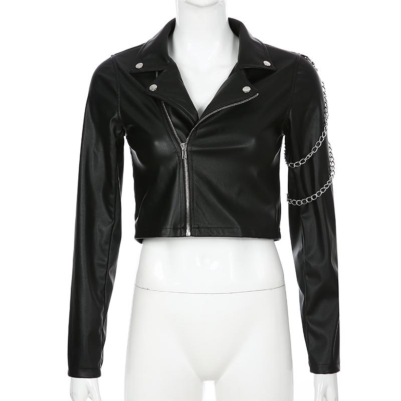

PU Jacket Faux Leather Cropped Outerwear Women Black Coat Long Sleeve Overcoat Chains Spring Autumn XXL чорний