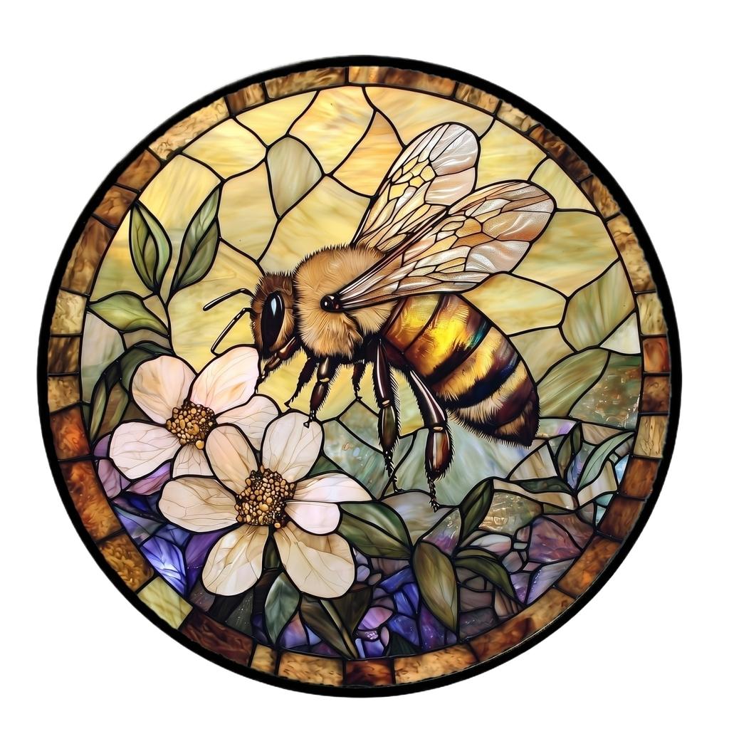 Acrylic Puzzle Toy Hanging Ornament with Bee and Flower Pattern Round Shape Lightweight Decorative Art Piece for Home Office Classroom