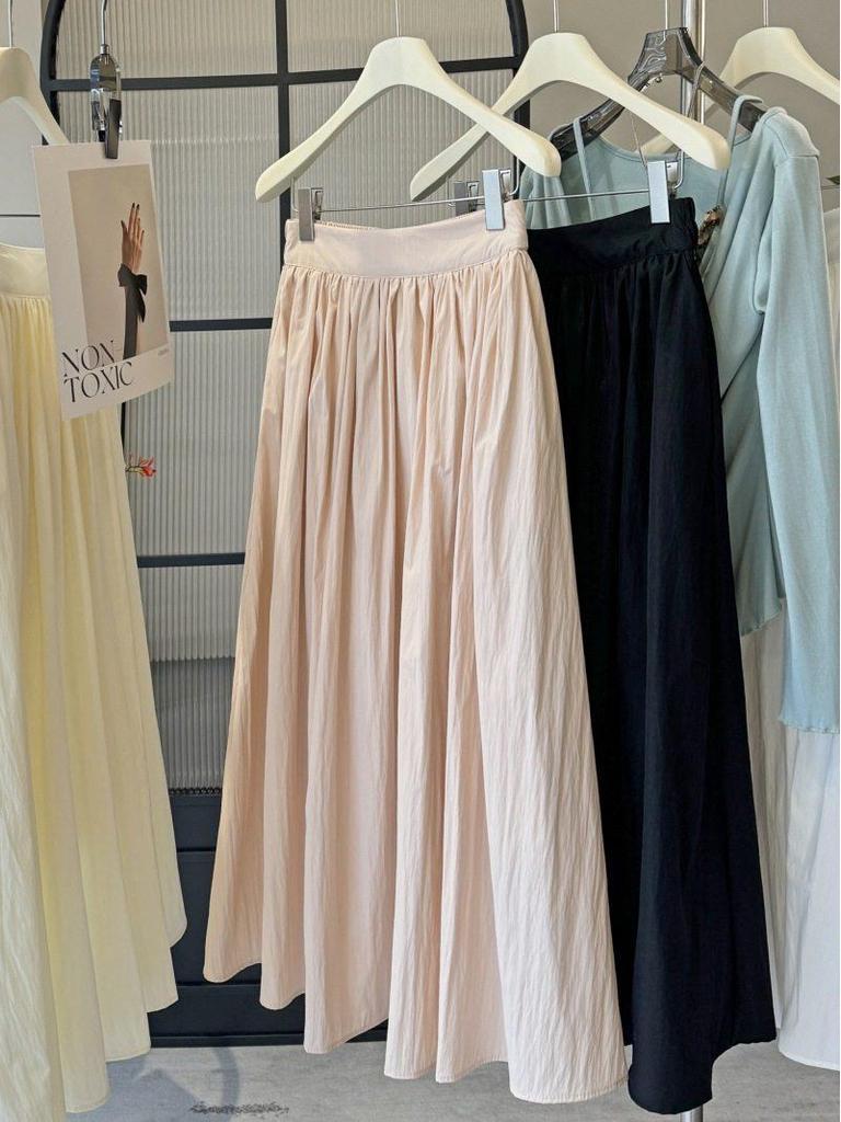 2026 New Women's Pleated Elastic Waist A-line Midi Skirt - High Waist, Slimming, Textured Design for Spring/Summer